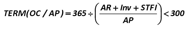 Then, the period  during which the principal operating cycle is directed to work in accounts payable  (TERM(OC/AP))  is  calculating  according  to  formula,  developed  by  Alexander  Shemetev, who is the author of this paper:  [Alexander Shemetev]